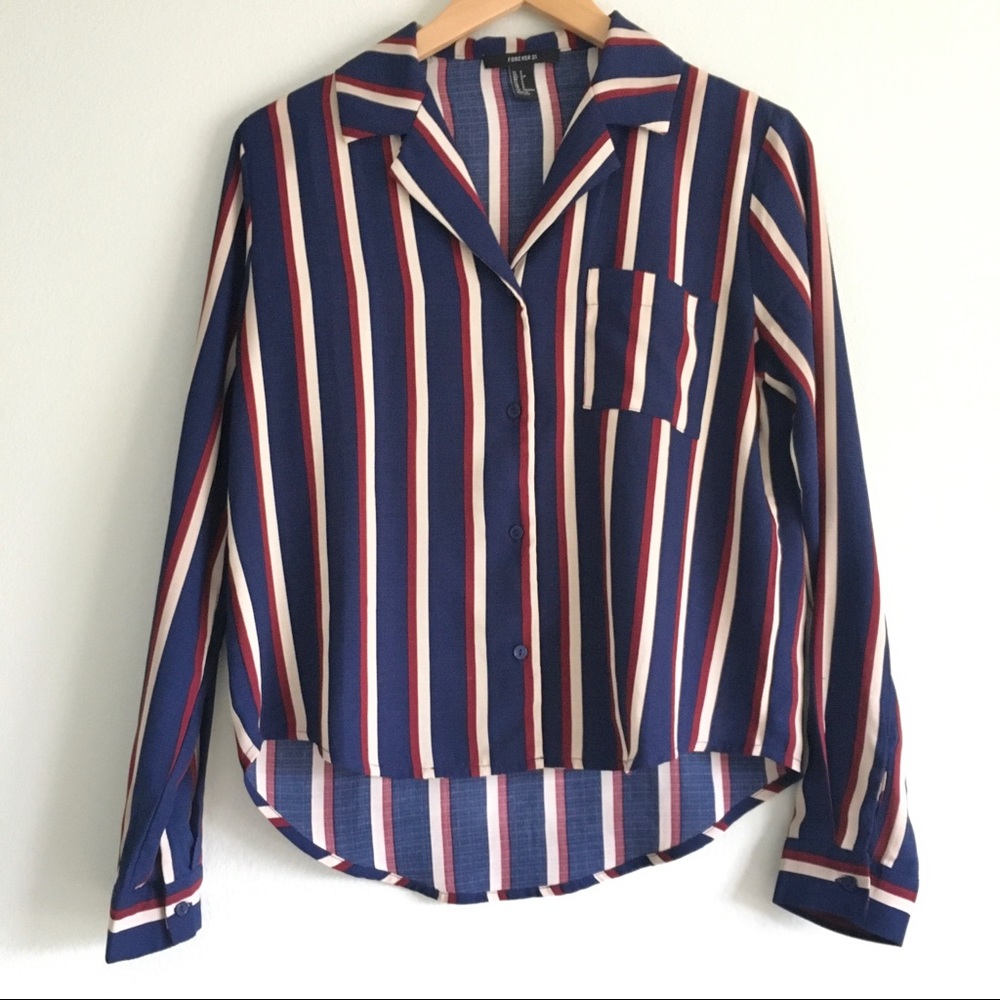 Navy, red, and off white striped button down shirt